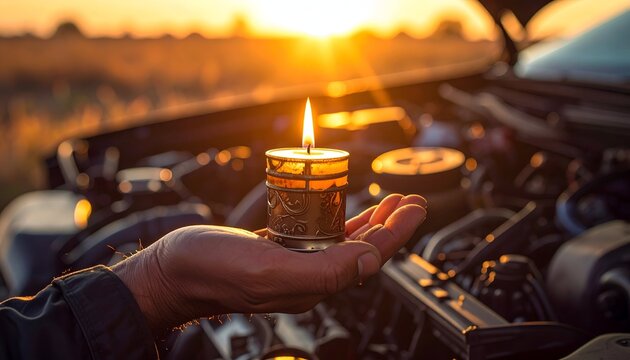 Candlelight illuminates car engine bay at sunset.