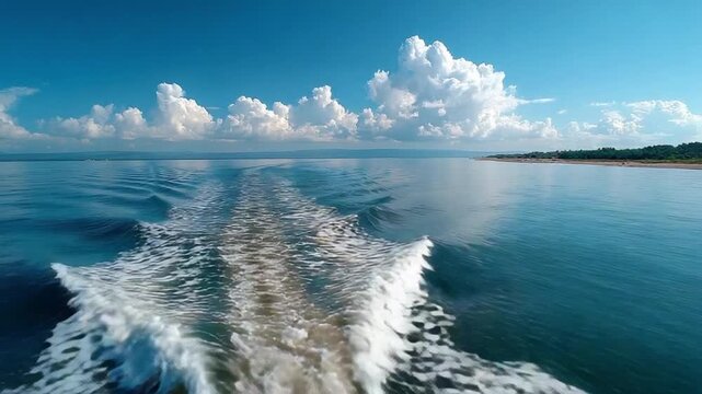 Wake of a Boat on Calm Water: A refreshing maritime scene featuring a boat wake cutting through smooth, tranquil blue ocean waters under a vast sky with fluffy summer cloud formations.