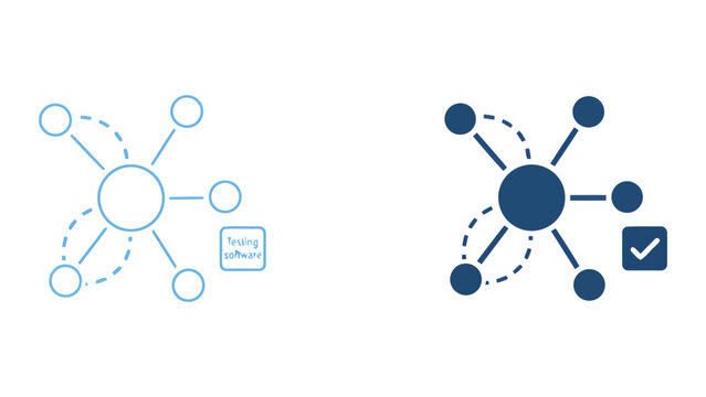 Software quality assurance testing process icon set showing a central hub connected to multiple test points with a checkmark symbol in linear and solid blue styles for development and QA teams