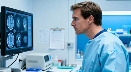 Naklejka premium Hospital research laboratory scene with a male neurosurgeon reviewing patient brain scans before a complicated surgical procedure.