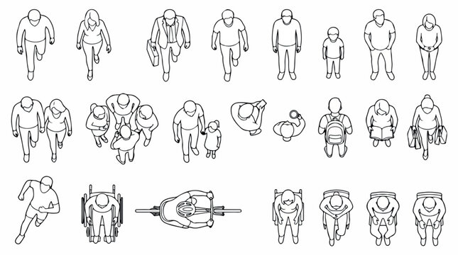 Isometric people top view outline icons, architectural floor plan human figures set, minimalist black and white vector crowd for site maps
