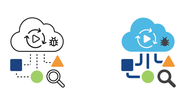 Cloud computing software testing and bug identification icon set showing search magnifying glass and data processing flow in minimalist vector style for quality assurance and development workflows