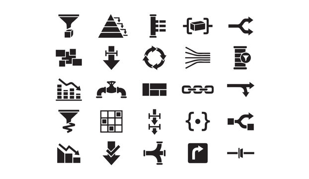 Industrial pipeline and data processing filter icon collection with pipeline