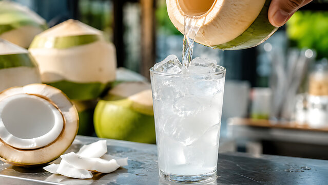 Thai Coconut Water Pouring into Iced Glass at Street Market