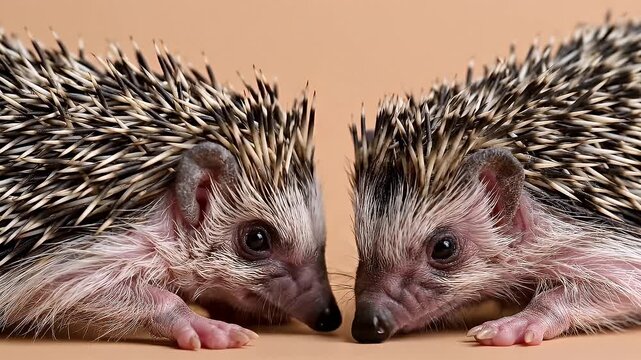 Two cute hedgehogs looking at each other on a plain background