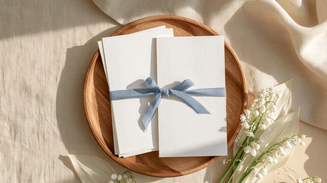 blank wedding menu cards mockup on linen with elegant flat lay styling