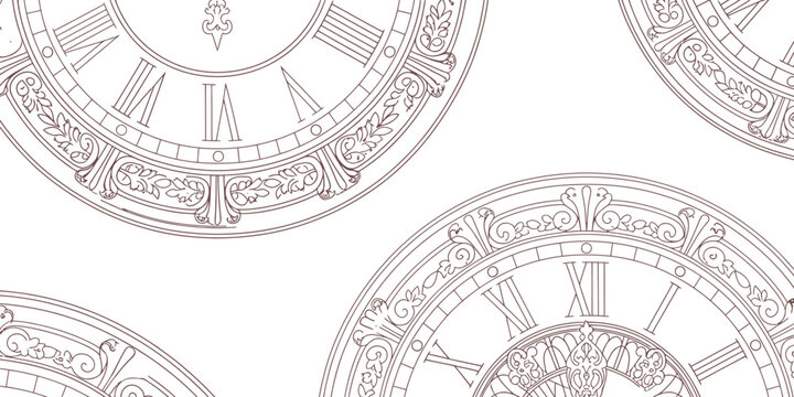 Vintage clock face pattern with roman numerals, antique watch dial vector illustration, elegant classic timepiece background for luxury branding