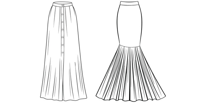 Flat vector illustration of skirts, fashion clothing artwork, wrap style sketch, ruffled hem design illustration, stylish garment concept artwork