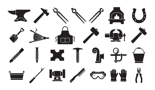 Blacksmithing and metalworking hand tools and forge icons with blacksmith