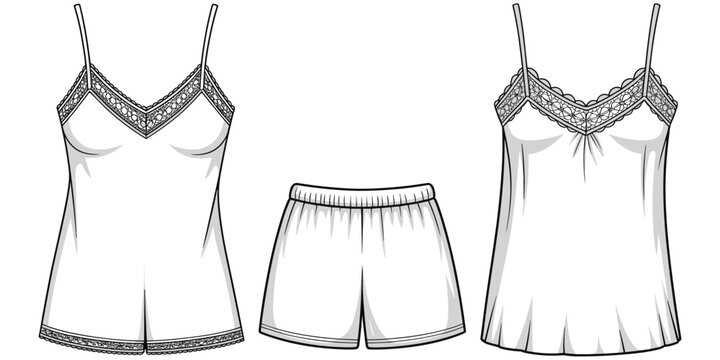 Flat vector illustration of sleepwear, fashion clothing artwork, camisole lace sketch, shorts design illustration, stylish loungewear garment concept artwork