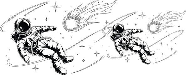 Vintage astronaut floating in outer space, retro hand-drawn spaceman with falling comets and stars, black and white cosmic vector illustration © Jihadul