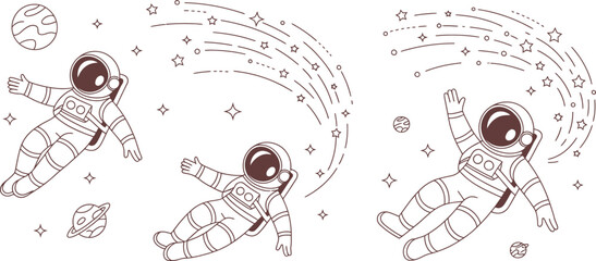 Astronaut line art vector set, floating spaceman in zero gravity with stars and planets, minimalist outer space coloring book illustrations © Jihadul