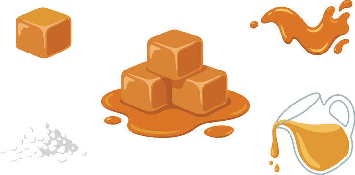  Golden caramel cubes and liquid sauce drips flat icon collection for dessert menu pastry recipe or confectionery shop