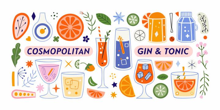 Cocktail and citrus fruit vector illustration with botanical elements on a white background cosmopolitan gin