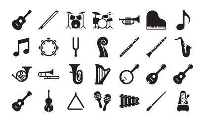 Set of diverse musical instruments and musical note symbols with instrument © Vector Galaxy