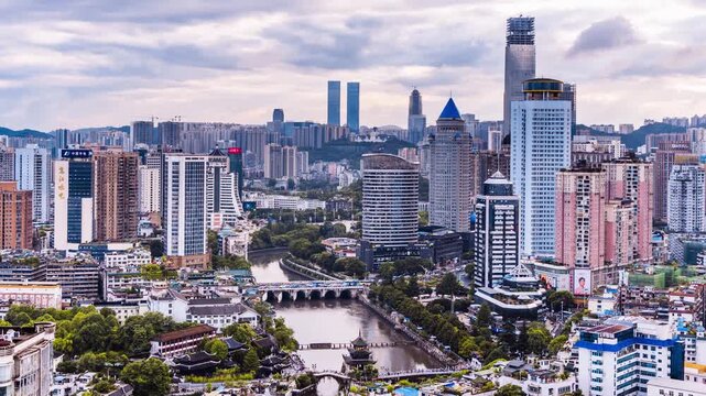 Timelapse of Jiaxiu Tower and Urban Skyline in Guiyang, Guizhou Province, China