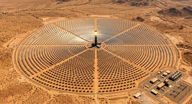 A large solar power plant with rows of mirrors reflecting sunlight onto a central tower in a desert