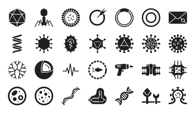Microbiology and virus research icon set with microbiology bacteria research