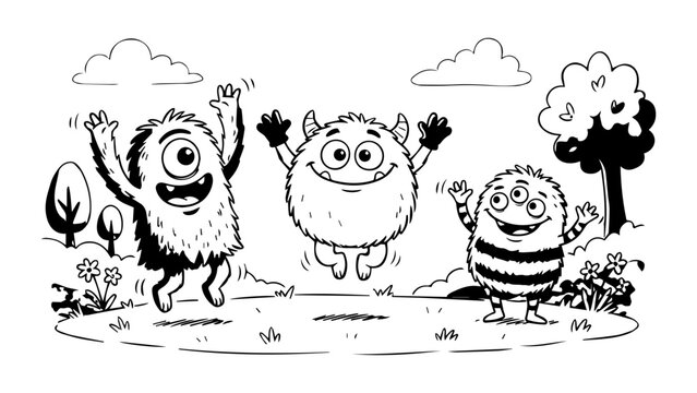 Four smiling cartoon monsters dancing together