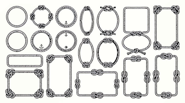 Set of nautical rope frames and borders with knots isolated on white background