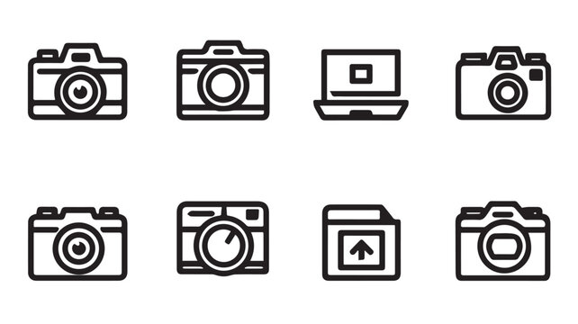 Minimalist camera icon set, 8 black outline photography symbols, digital imaging and photo upload vector elements for web and app design