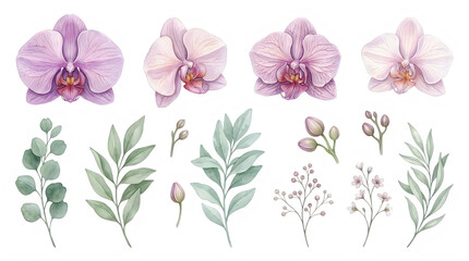 Obraz premium Watercolor illustration of pink orchids and various green leaves isolated on transparent background