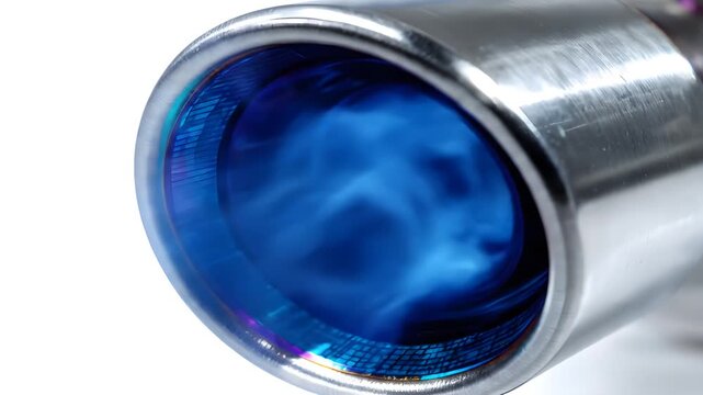 Close up of a titanium exhaust pipe with a burnt blue tip emitting blue flames against a white background