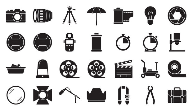 Photography and film production equipment flat vector icon set with photography
