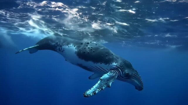 Humpback whale swimming underwater near the ocean surface with sunlight filtering through blue water. Detailed view of pectoral fin, head, and body in its natural deep sea habitat.