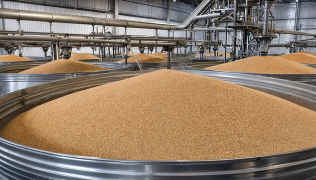 Large industrial grain storage facility with piles of golden wheat inside circular metal silos under a steel roof with conveyor pipes