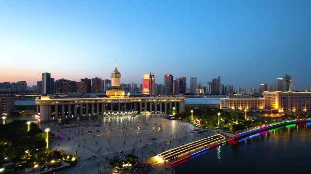Tianjin Railway Station Aerial  Night Scene in Tianjin, China