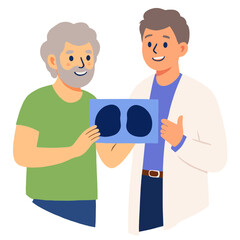 Fototapeta premium Elderly man smiling with doctor holding chest X-ray in clinic. Elderly set 