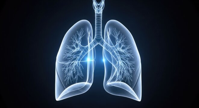 A digital illustration displays a detailed, translucent view of the human lungs. The image showcases the intricate branching structure of the bronchi and bronchioles within the left and right lungs.