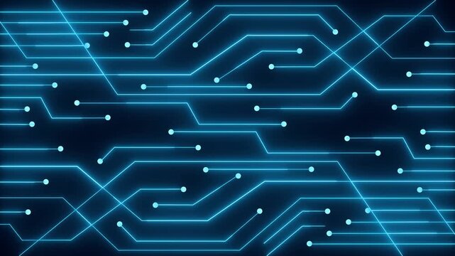 Technology computer animation loops neon circuit board paths. High tech technology computer animation tracks data microchips. Cyber technology computer animation runs mainframes.