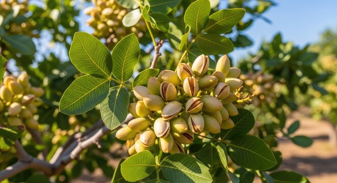 A branch of a pistachio tree is filled with green pistachio nuts. The tree is set against a bright blue sky with some scattered clouds.