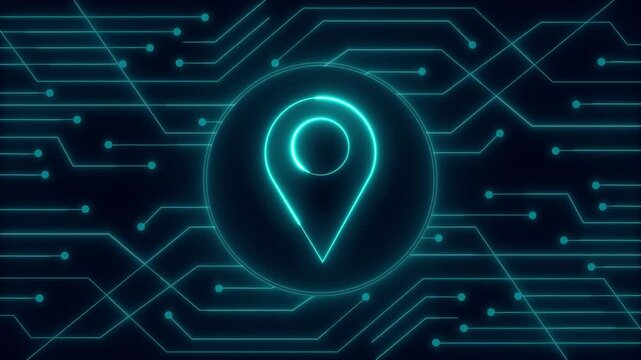 Circuit board animation glows technical location pins. High tech circuit board animation tracks navigation map vectors. Cyber circuit board animation frames electronic systems.