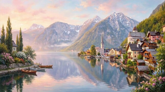 Impressionist Oil Painting of Hallstatt Alpine Village at Sunrise