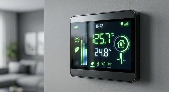 A smart electric meter display showing 16:42, 25.7 degrees Celsius, and 24.8 degrees Celsius on a gray wall