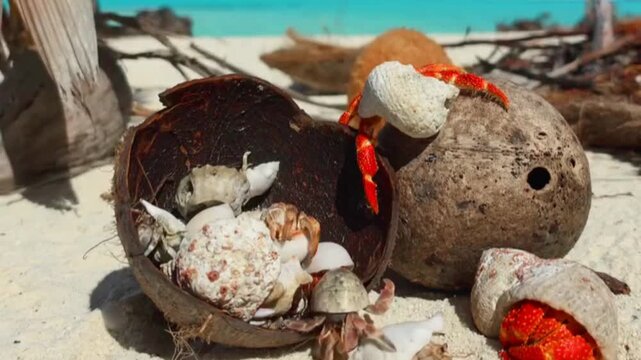 Group of hermit crabs on tropical sandy beach with coconut shells