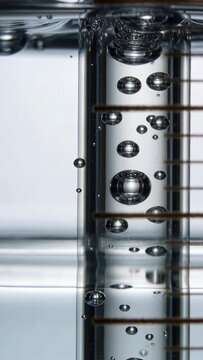 Vertical video: Rising bubbles forming lower in clear column in lab, passing rods due to buoyancy