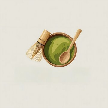 Minimalist vector illustration of traditional matcha tea preparation set