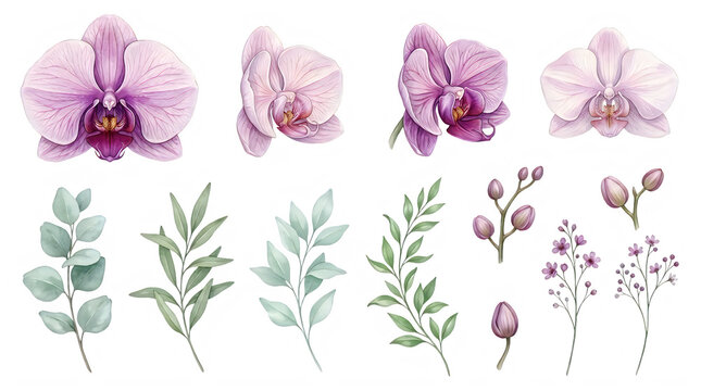 Watercolor illustration of pink orchids and green leaves isolated on transparent background