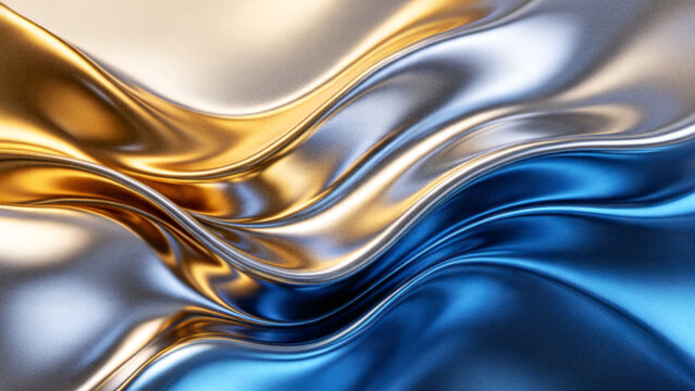 Abstract grainy holographic background with flowing metallic liquid waves in vibrant blue silver and gold colors for premium creative design assets.