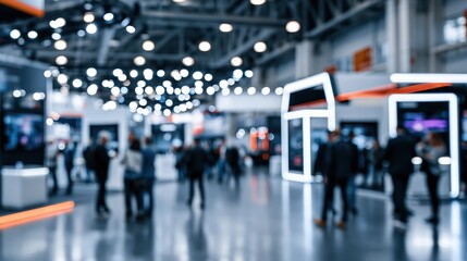 Obraz premium Blurred corporate event space with motion and crowd activity capturing a professional trade fair atmosphere with commerce and innovation theme.