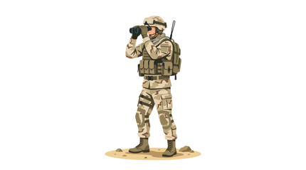 A US military soldier in desert camouflage gear and cap stands on sandy ground holding a rifle and binoculars. © Dhiyak Boneto
