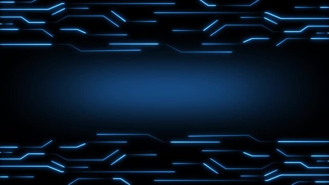 Technology animation paths dark blue circuit boards. High tech technology animation locks glowing network lines. Cyber technology animation tracks computing information database files.