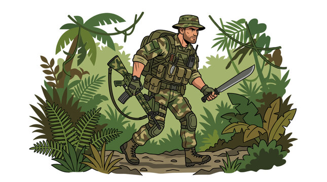 Illustration of a soldier in camouflage gear walking through a dense jungle with a machete and bow