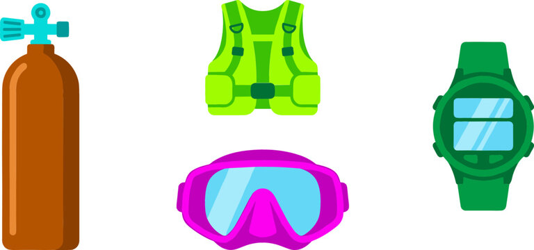 Scuba Diving and Snorkeling Water Sports Equipment Vector Illustration Set Featuring Oxygen Tank, Buoyancy Compensator Vest, Pink Mask Goggles, and Digital Dive Watch