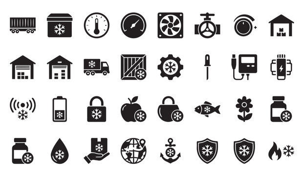 Cold chain logistics and temperature controlled storage icons with logistics