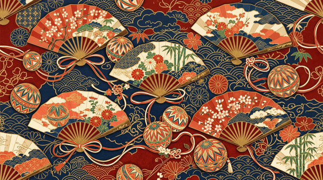 Vintage Japanese Kimono Seamless Pattern with Sensu Fans, Temari and Mizuhiki Ribbons